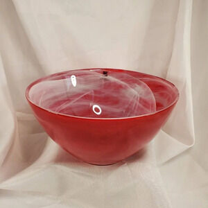 SEA Glasbruk Kosta Boda Sweden Art Glass Blown Bowl Red W/ White Smoke Painted